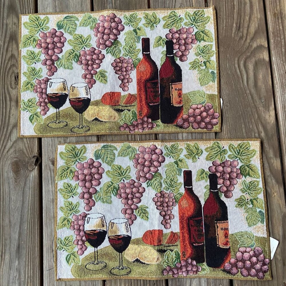 2 Vintage HOME CLASSICS 2000s Wine Bottle Grapes Embroidered Tapestry Placemats